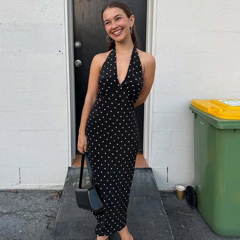 SOERA Bianca Polka Dot Halter Maxi Dress - Dress - Black M