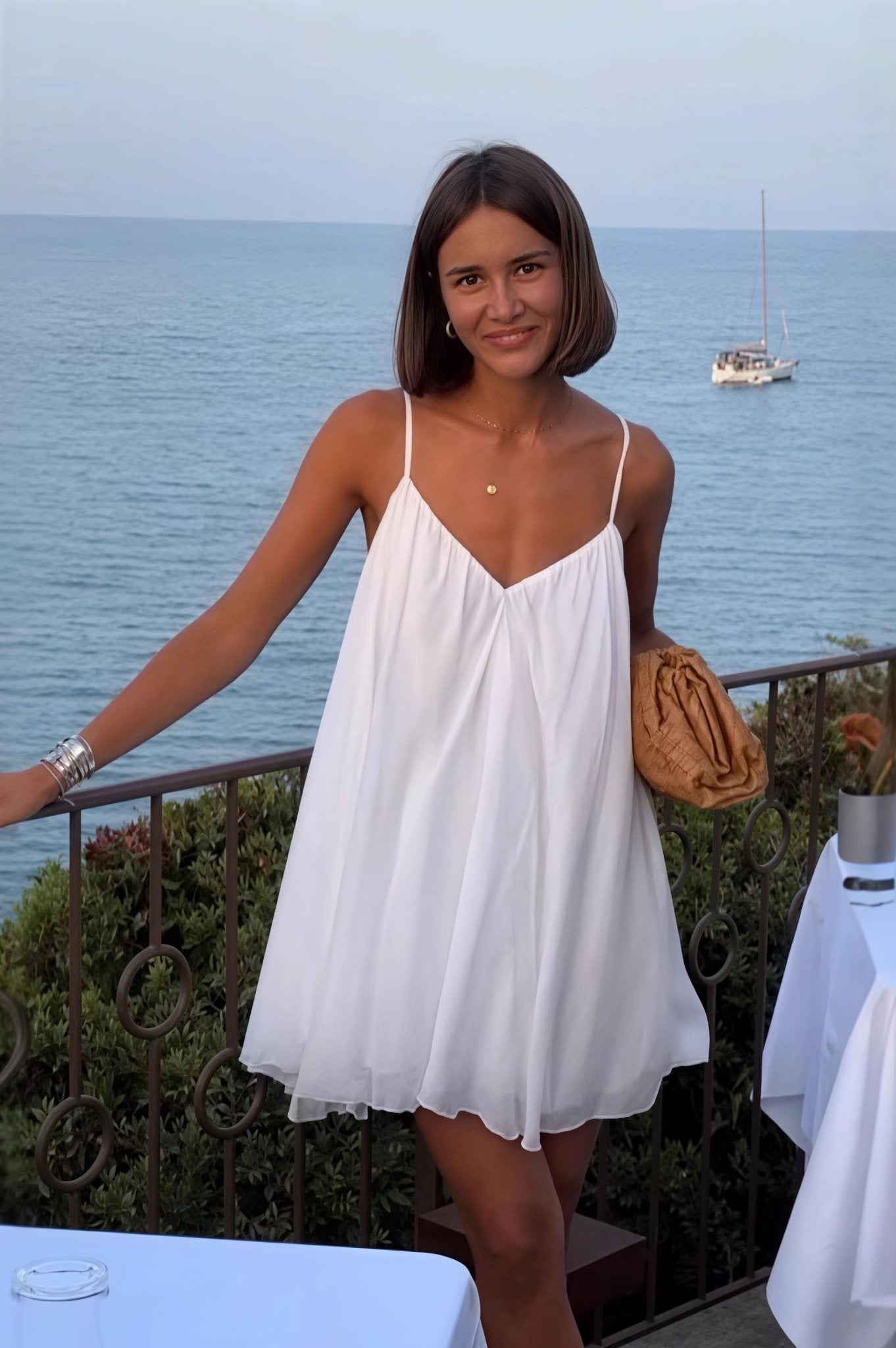 SOERA Lavinia Spaghetti Strap Flowy Mini Dress - Dress - White M