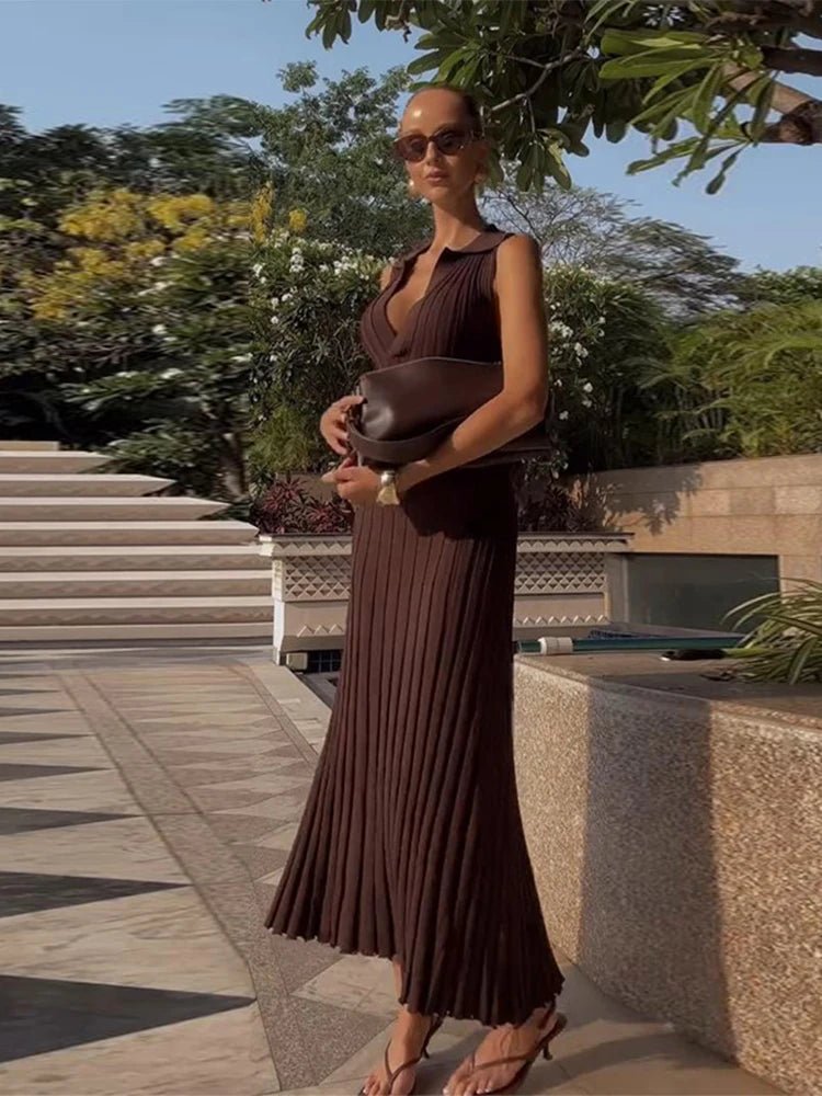 SOERA Lise Sleeveless Knitted Pleated Maxi Dress - Dress - Brown L