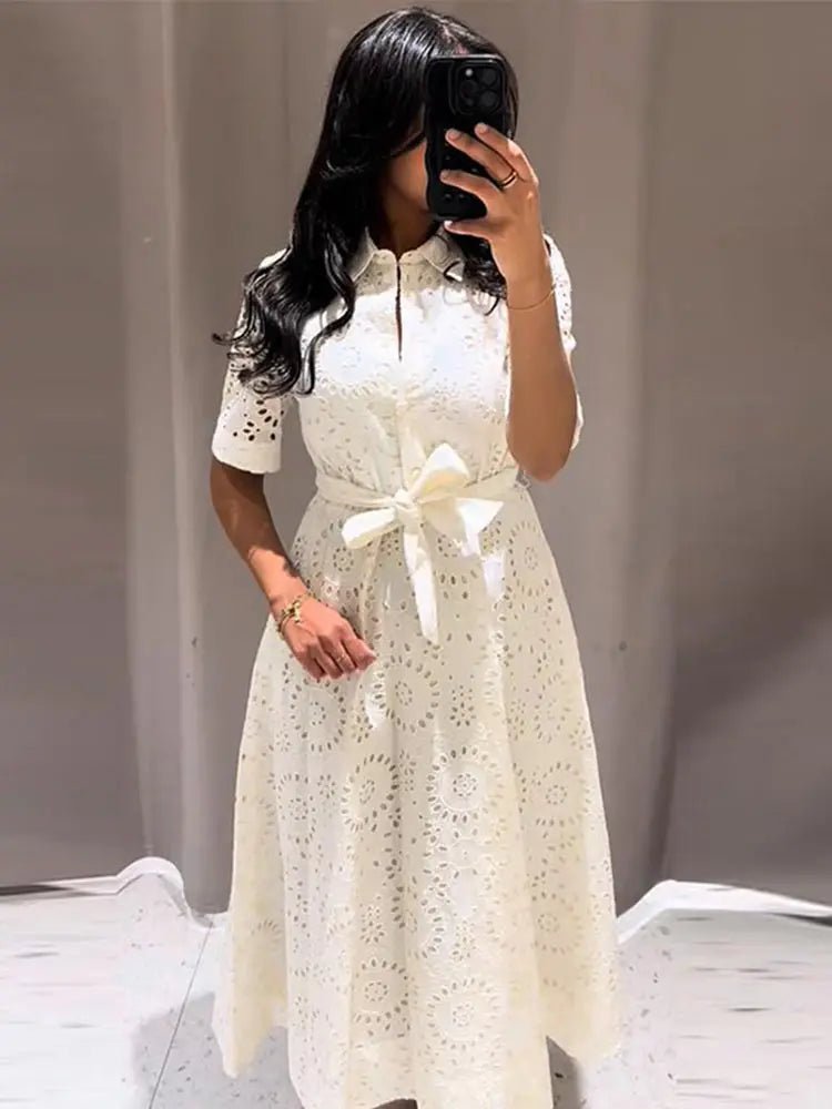 SOERA Merida Embroidered Belted Midi Dress - Dress - White XS