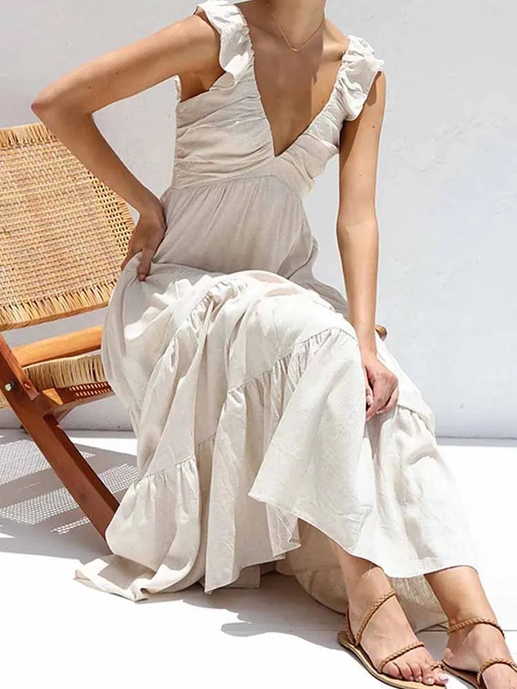 SOERA Tahlia Ruffle Cotton Linen Maxi Dress - Dress - Beige M