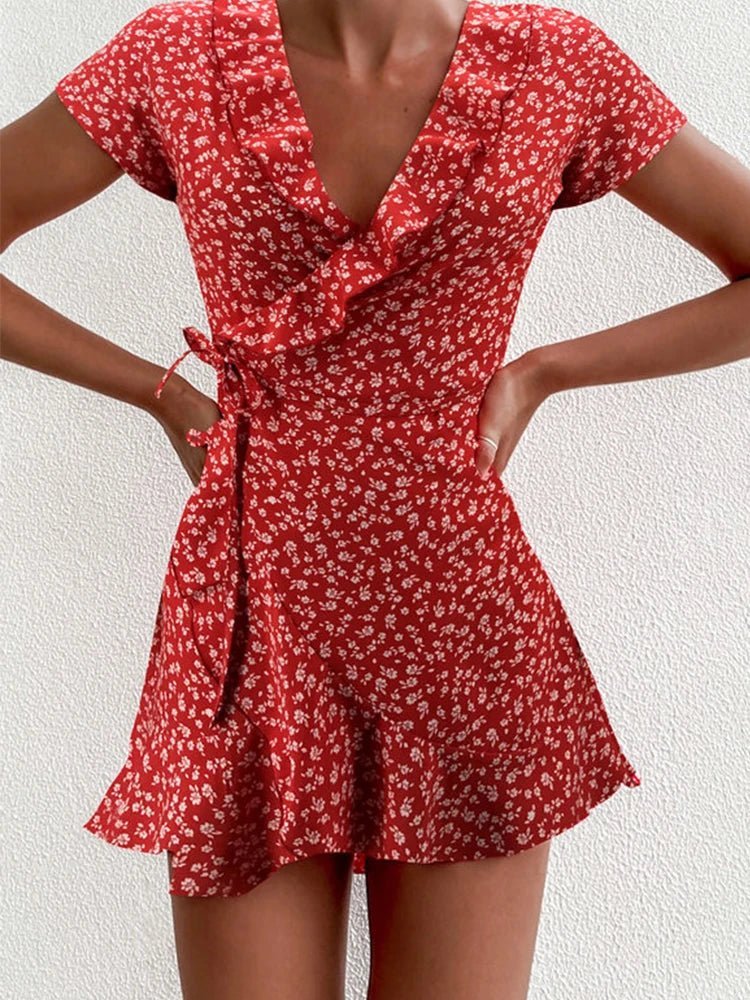 SOERA Celeste Floral V-Neck A-Line Mini Dress - Dresses - Red M