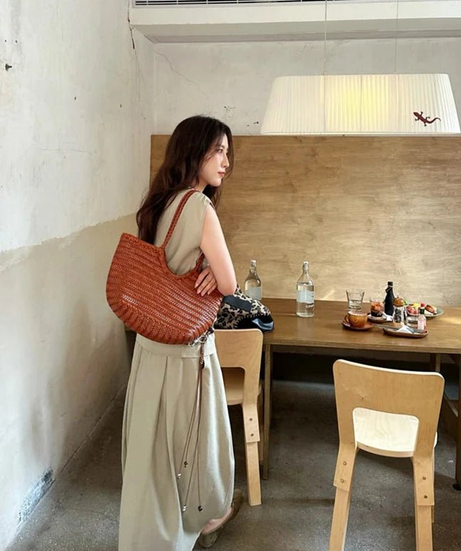 SOERA Bianca Handwoven Leather Tote Bag - Handbags - Coffee Large