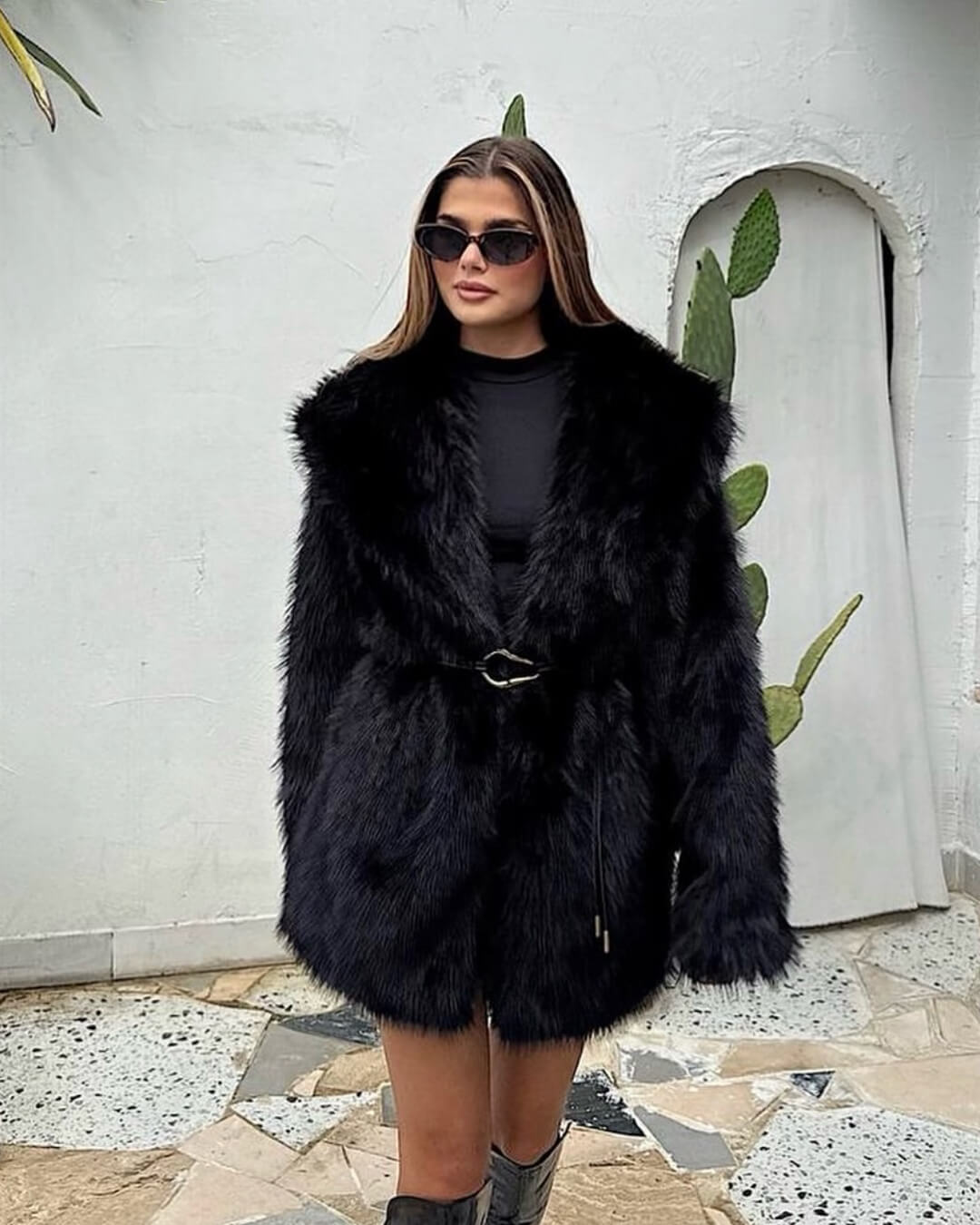 SOERA Faith Faux Fur Coat with Belt - Jackets - 3256807954805802-;dc1763625122208348708 Black M