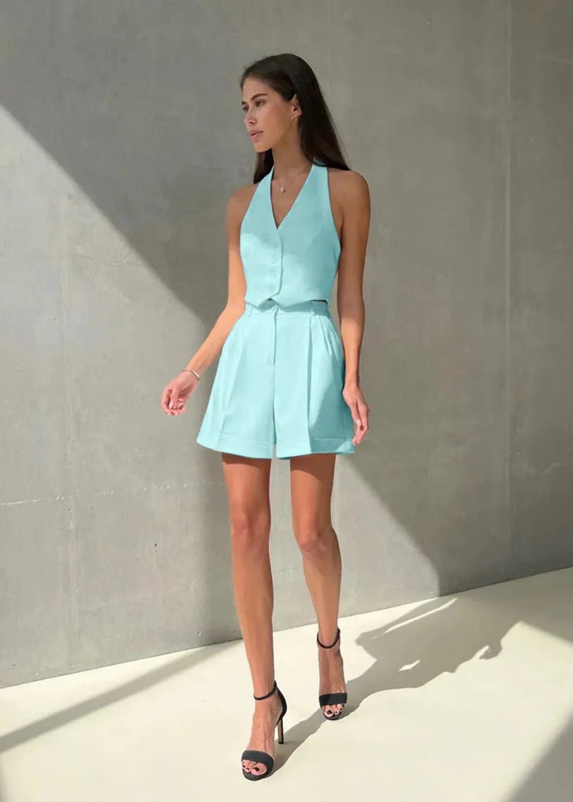 SOERA Bianca Tailored Halter Vest & Shorts Set - Matching Sets - Blue S