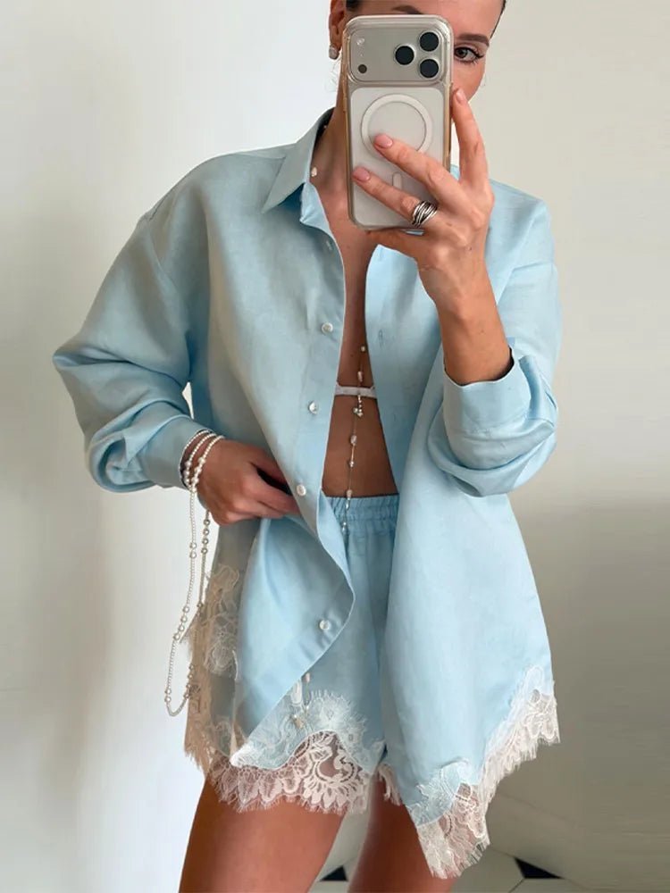 SOERA Celeste Lace Patchwork Beach Shirt Set - Matching Sets - Blue S