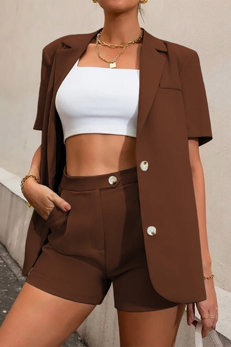 SOERA Elena Two - Piece Collared Short Sleeve Set - Matching Sets - Brown S