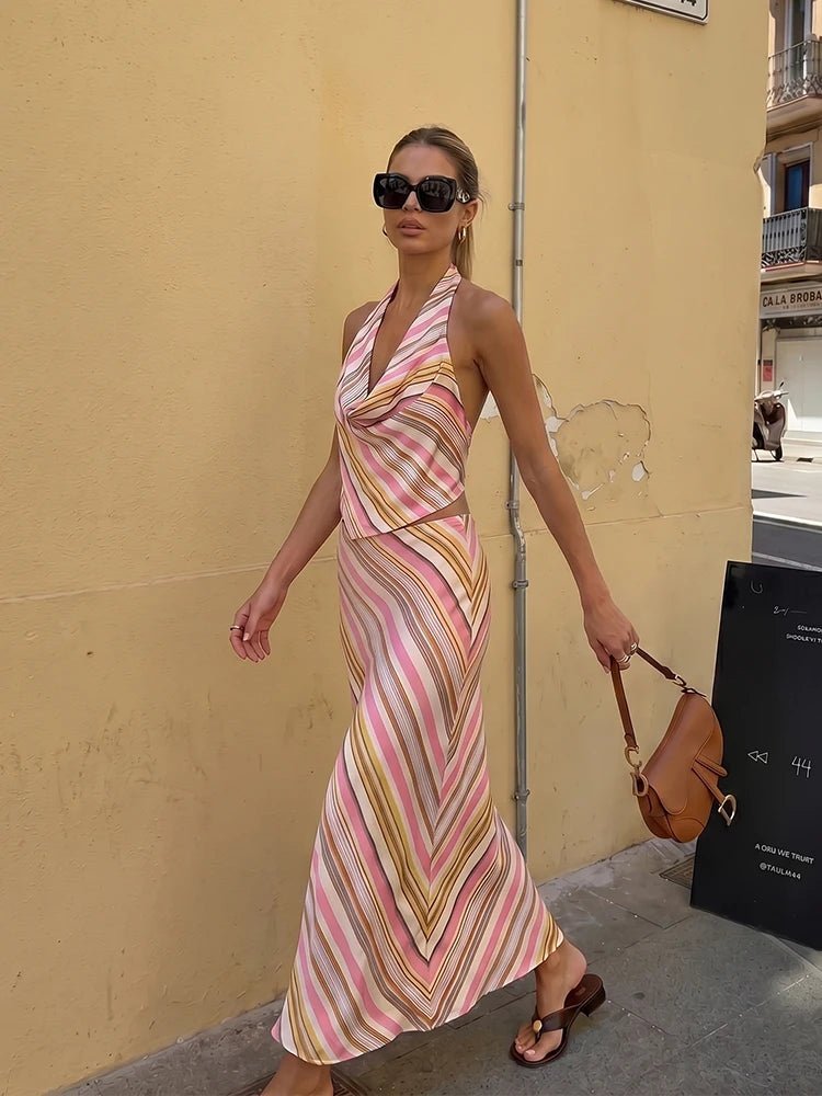 SOERA Sienna Bohemian Striped Satin Two-Piece Set - Matching Sets - Skirt XS