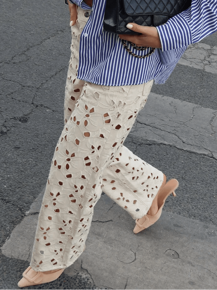 SOERA Anais Hollow-Out Denim High Waist Straight Jeans - Pants - Beige S