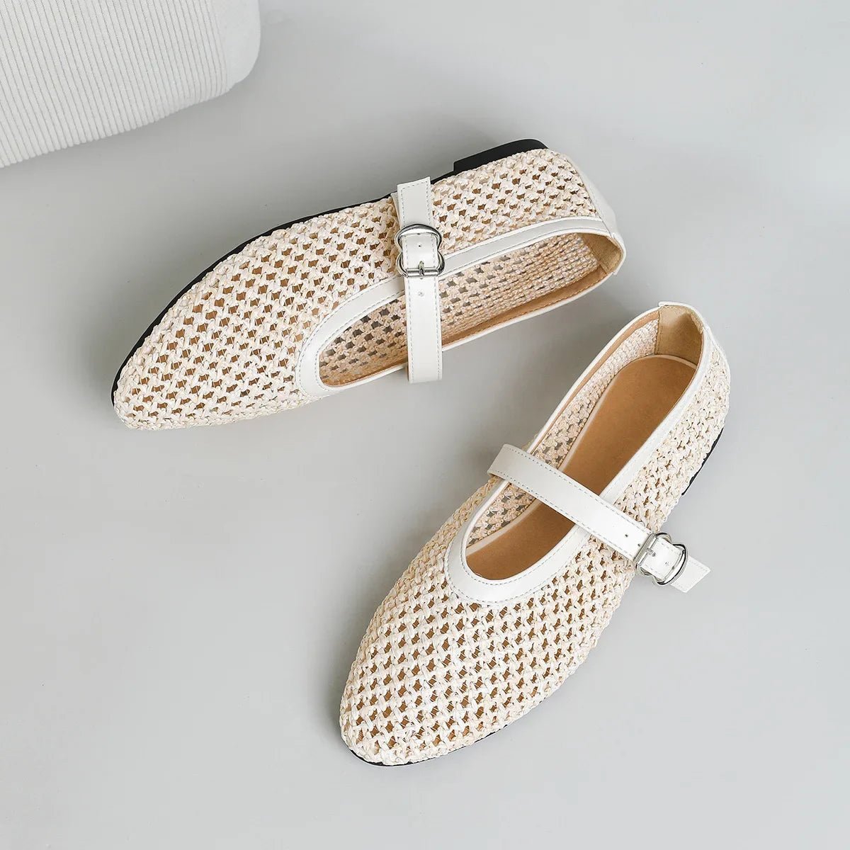 SOERA Beatrice Hollow Weave Mary Jane Flats - Shoes - Beige 35