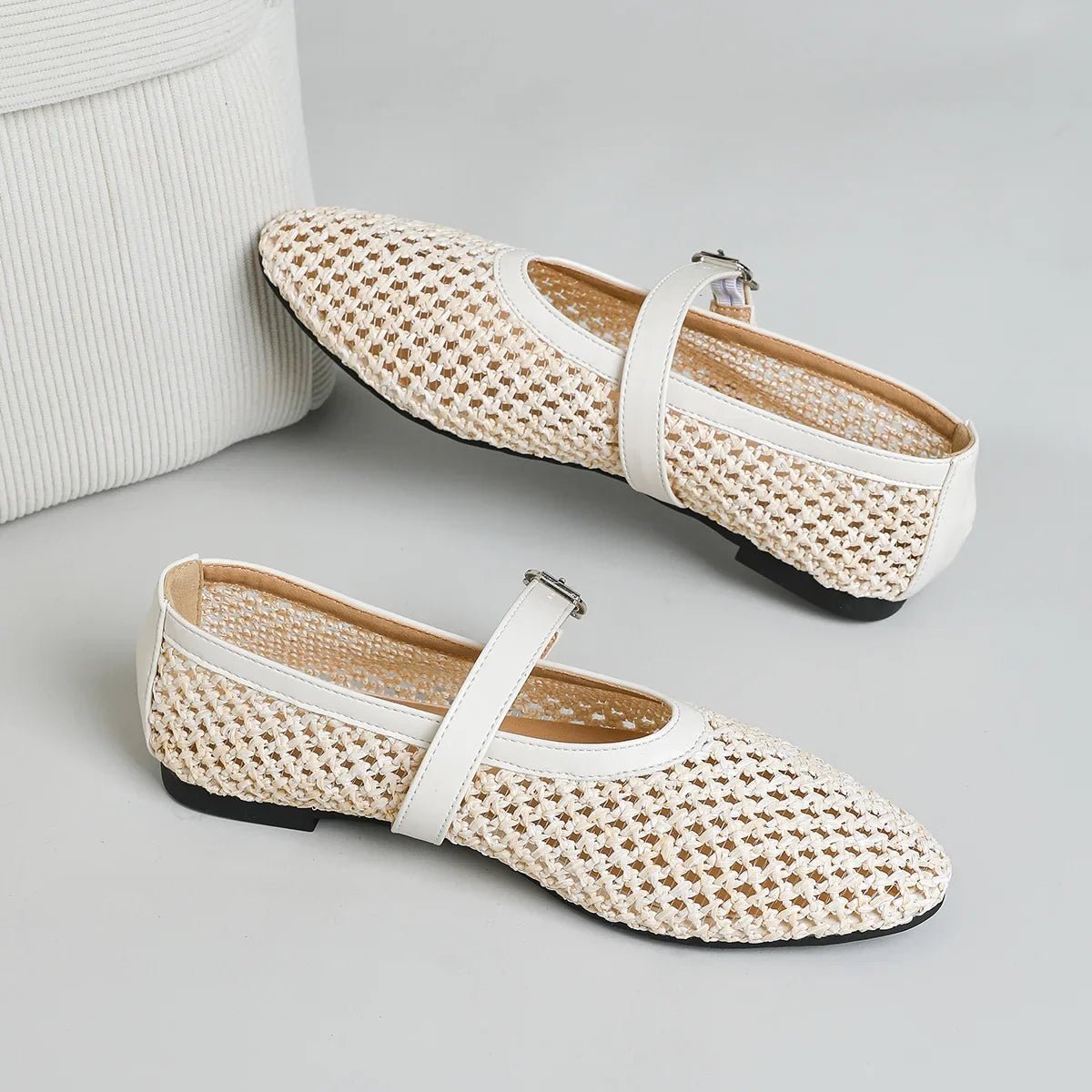 SOERA Beatrice Hollow Weave Mary Jane Flats - Shoes - Beige 37