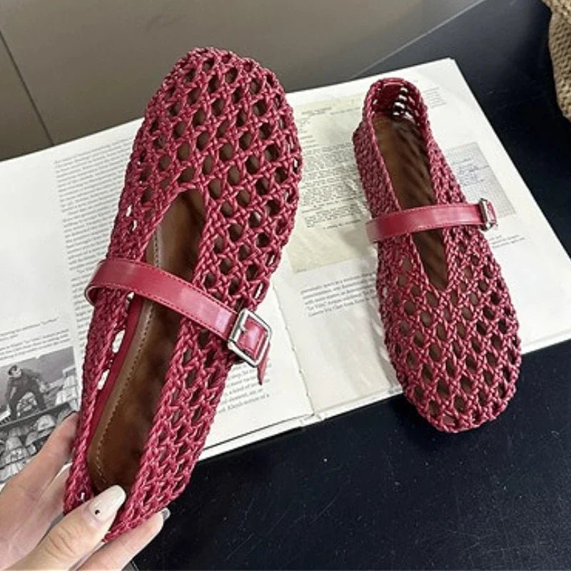 SOERA Bianca Woven Hollow Flat Sandals - Shoes - Burgundy 35
