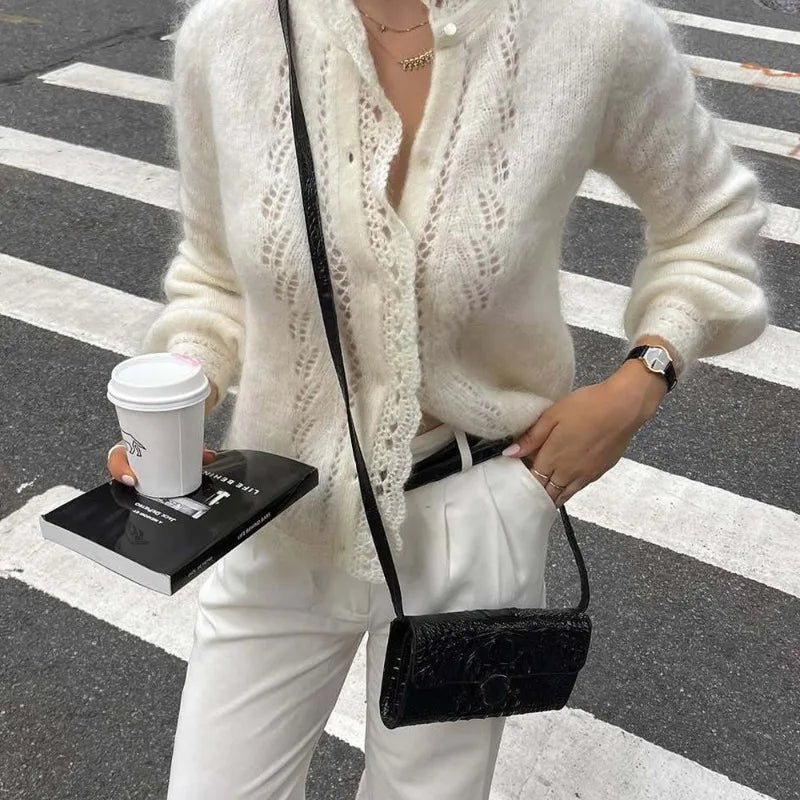 SOERA Lia White Lace Knit Cardigan - Sweaters & Cardigans - 1005010096718429-;va1769414229120273318 White S
