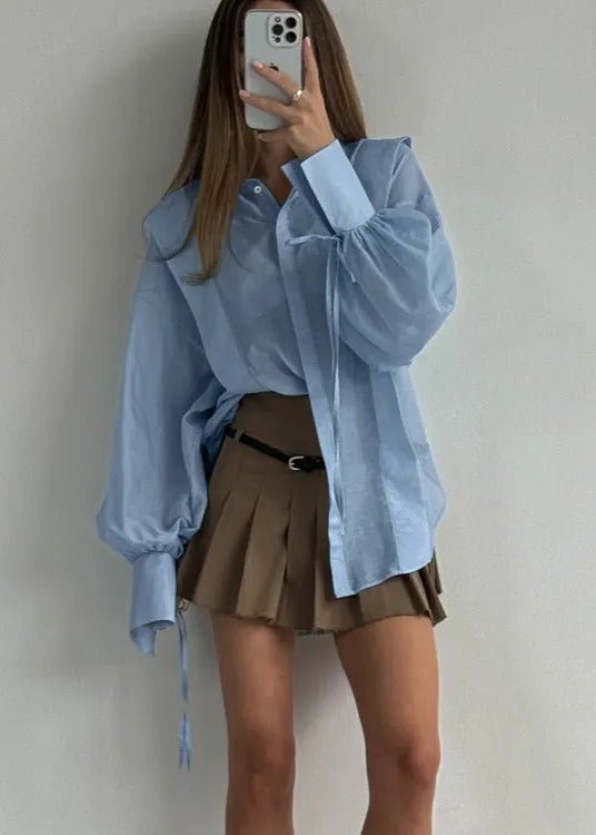 SOERA Isabella Oversized Ribbon-Tie Puff Sleeve Shirt - Tops - Pink S