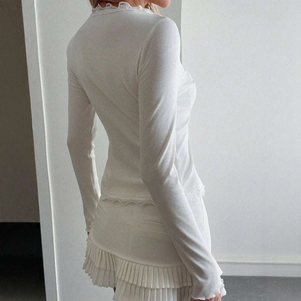 SOERA Roxana Ribbed Lace Trim V-Neck Blouse - Tops - White S