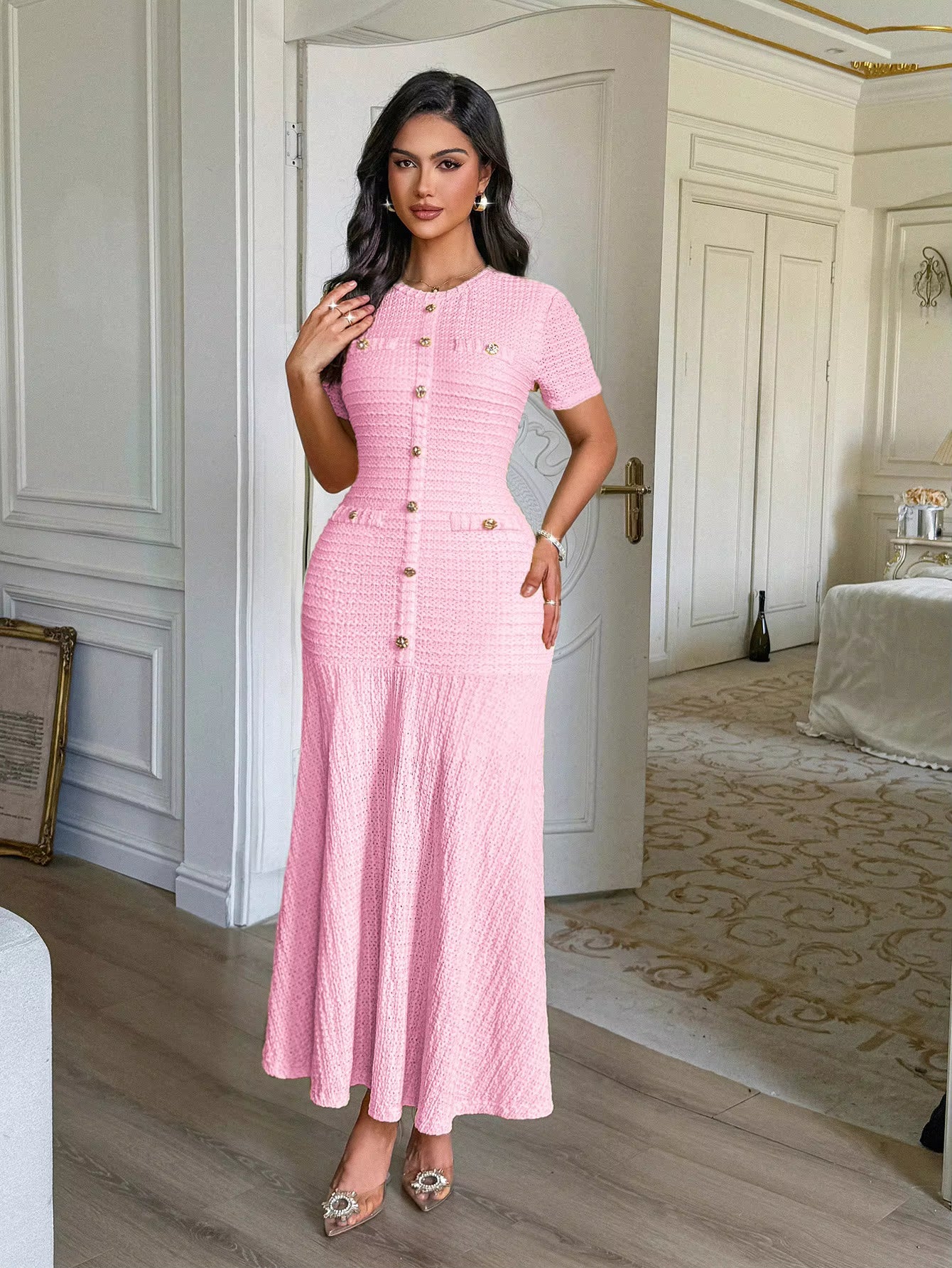 Clara Gold Button Retro Flared Midi Dress