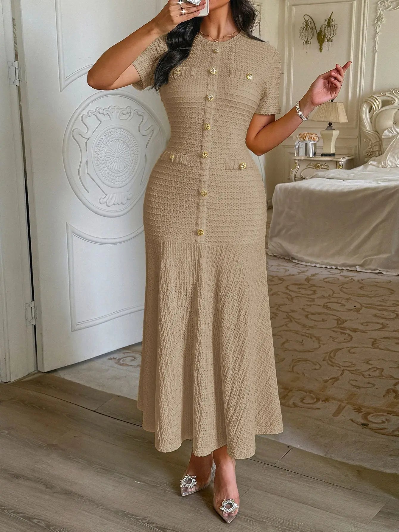 SOERA Clara Gold Button Retro Flared Midi Dress - Dresses - SOERA-672579-KHA-S-49603 Beige S