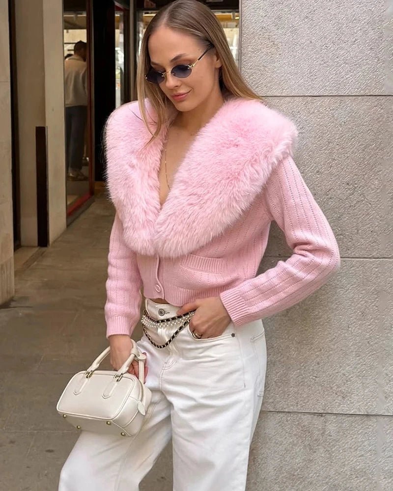 SOERA Ella Faux Fur Collar Cropped Knit Cardigan - Cardigan - SOERA-732547-PIN-S-28259 Pink S