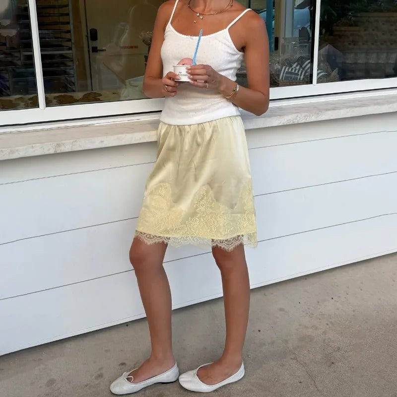 SOERA Saskia Lace Patchwork Satin Mini Skirt - Bottoms -  Yellow S