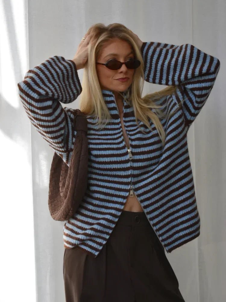 SOERA Valerie High Neck Zip-Up Cardigan - Cardigan - SOERA-605955-BLU-S-07459 Blue Stripes S