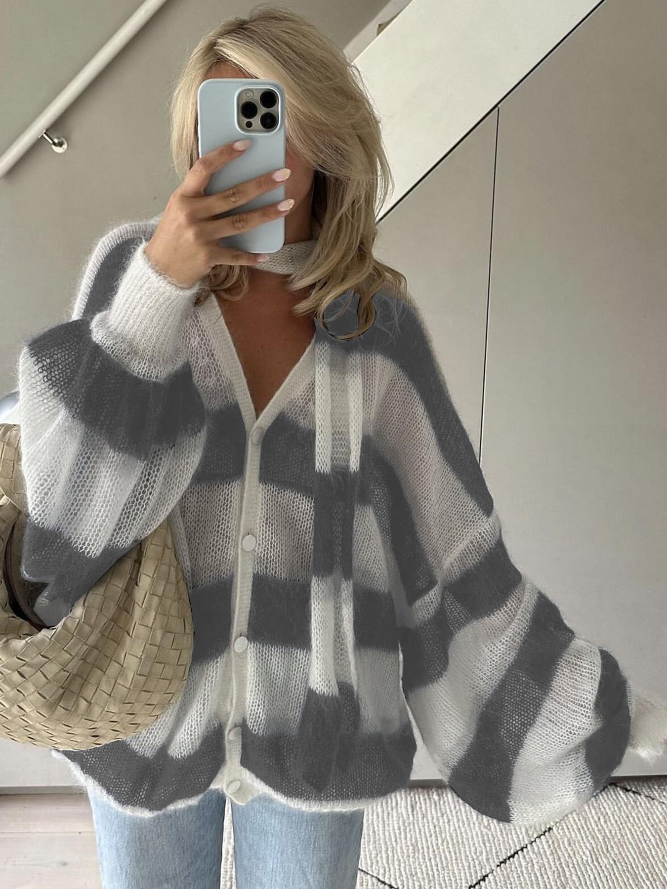 SOERA Christel Loose Striped Cardigan - Cardigans - Al1770344797578761141 Gray S