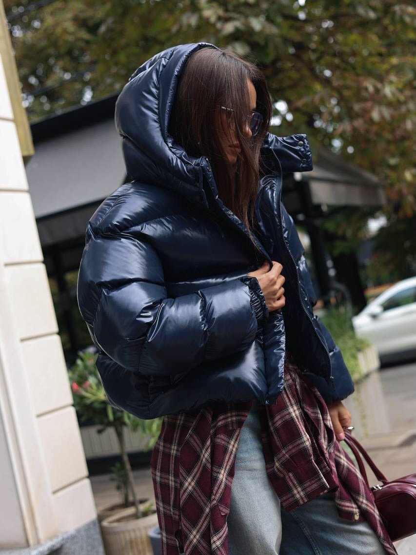 SOERA Gina Hooded Glossy Puffer Jacket - Coat - SOERA-121795-NAV-S-09635 Navy Blue S