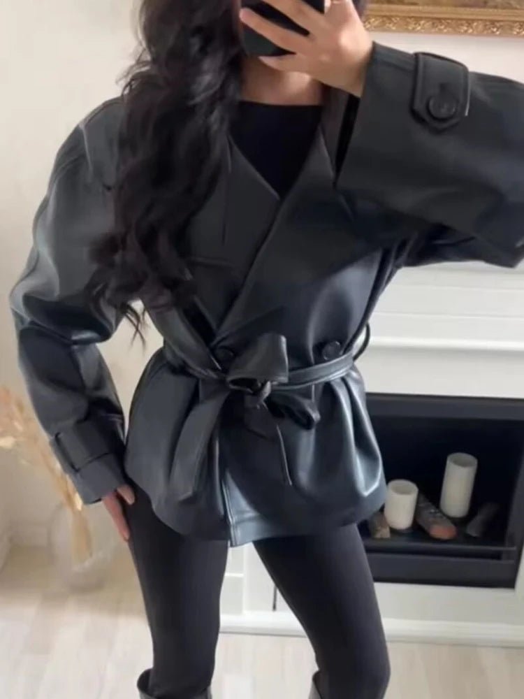 SOERA Nadia Faux Leather Lace-Up Trench Coat - Coat - SOERA-446403-BLA-M-79363 Black M