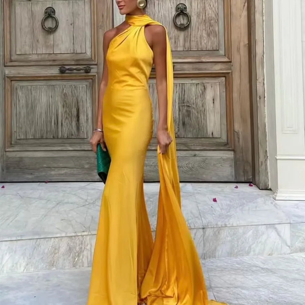 SOERA Beatrice Halter Backless Silk Satin Maxi Dress - Dress -  Yellow S