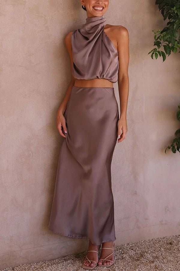 SOERA Beatrice Two - Piece Satin Wedding Guest Set - Dress -  Mocha M