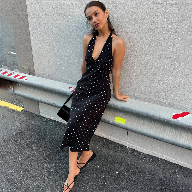 SOERA Bianca Polka Dot Halter Maxi Dress - Dress -  Black L