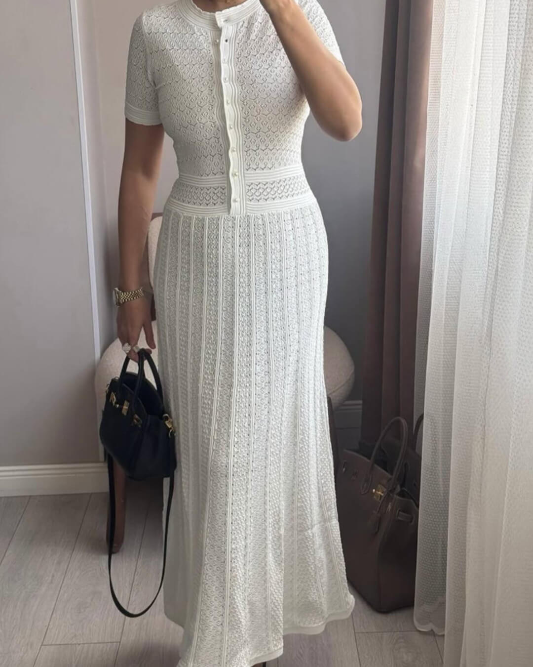SOERA Celeste Half Button Knitted Midi Dress - Dress -  White XS