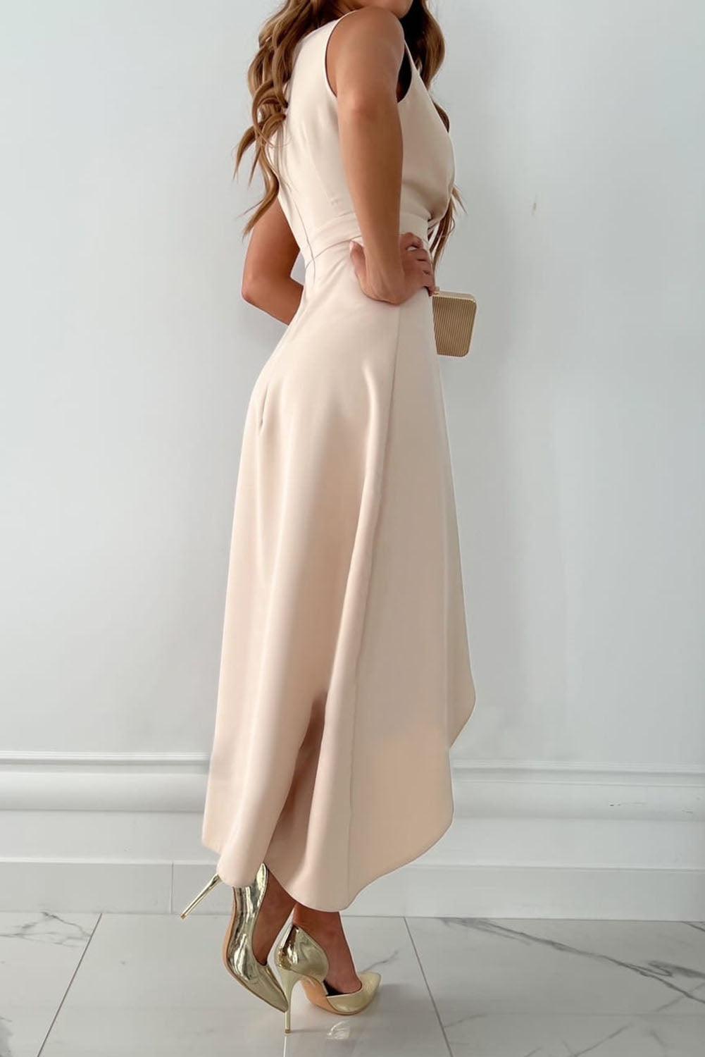 SOERA Celeste V - Neck Asymmetrical Hem Midi Dress - Dress -  Beige L