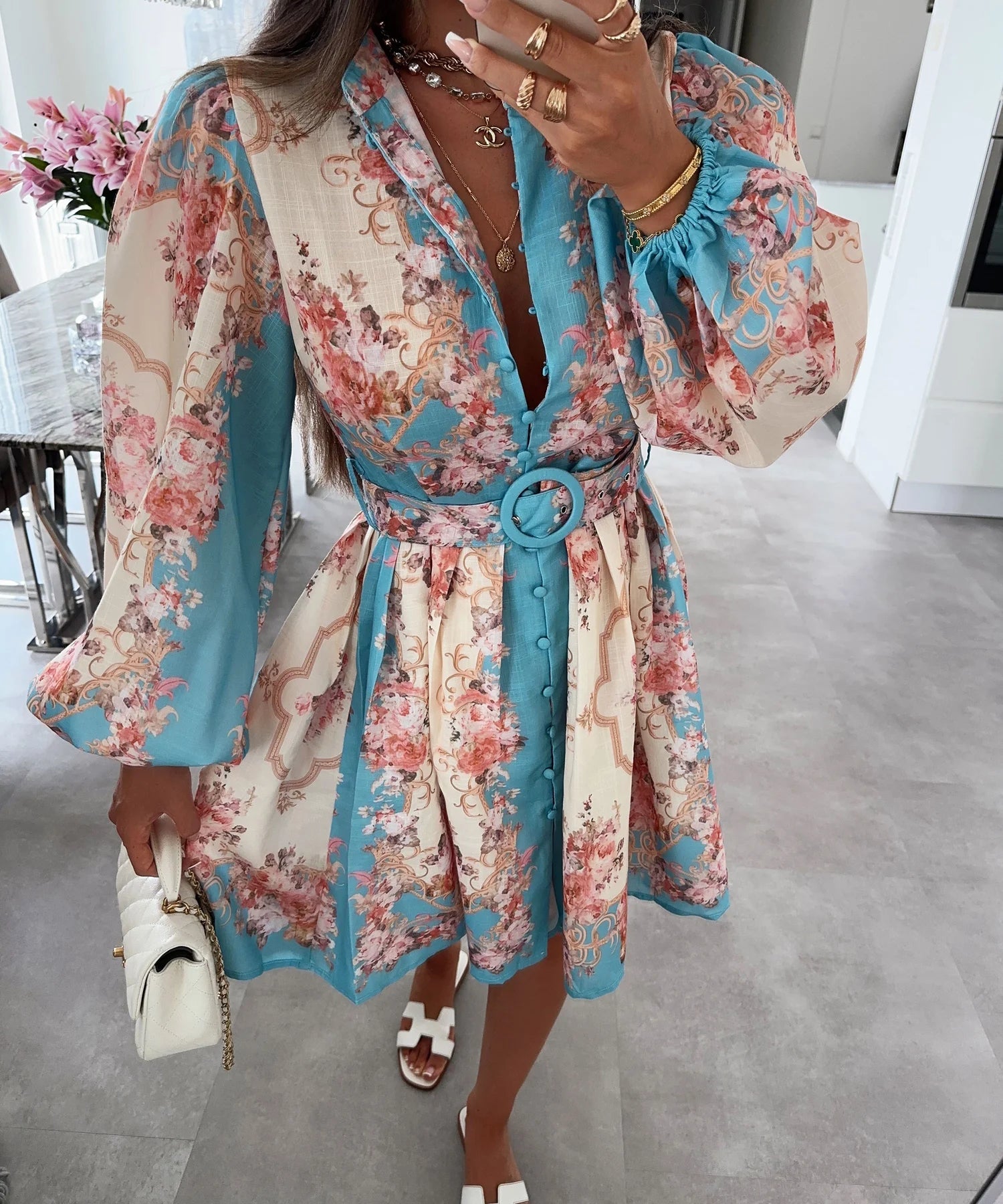 SOERA Petunia Belted Floral Midi Dress - Dress -  Blue S
