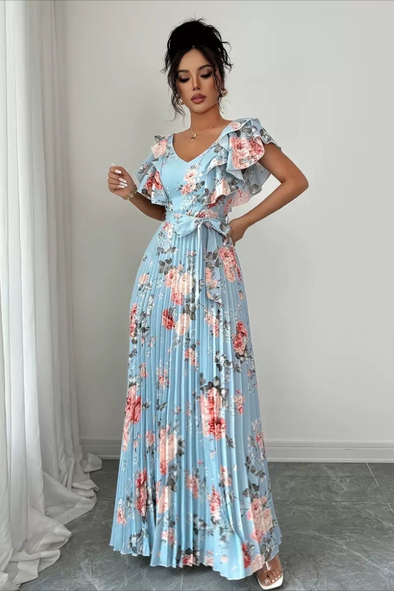 SOERA Valentina Floral V - Neck Ruffle Sleeve Maxi Dress - Dress -  Blue XS
