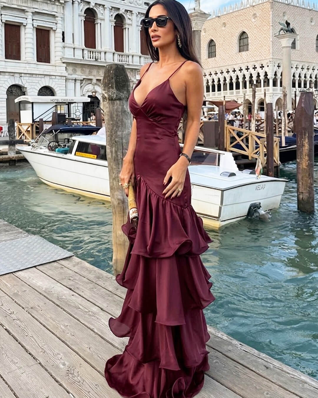 SOERA Venetia Ruffled Sling Evening Dress - Dress -  Maroon XL