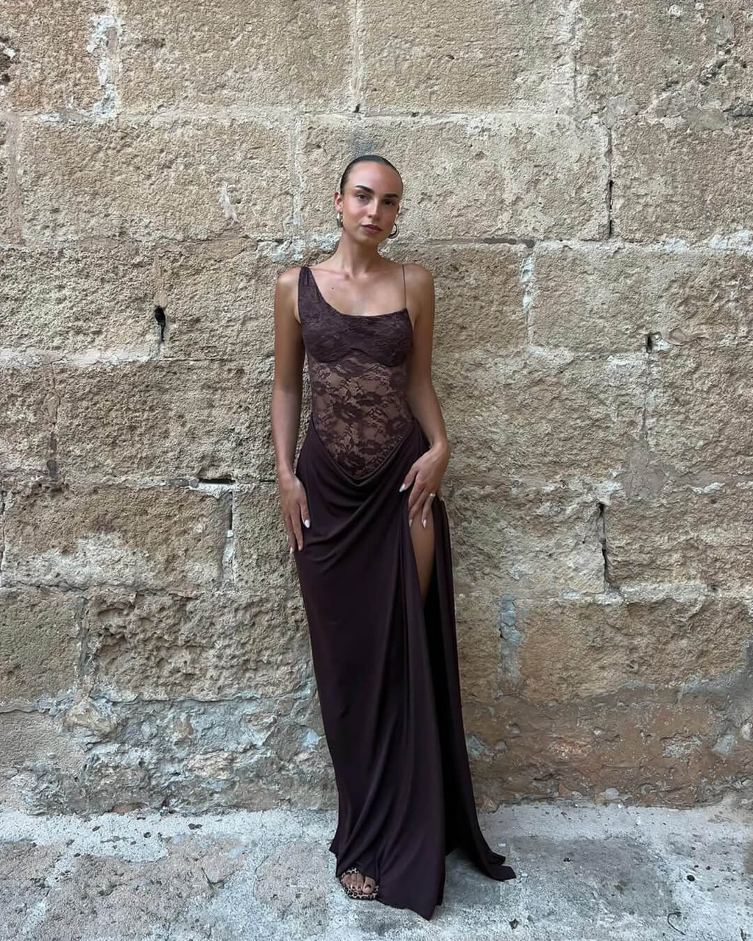 SOERA Olga One Shoulder Lace Maxi Dress - Dresses - 1005009420029371-;Wo1764062903247297091 Brown L