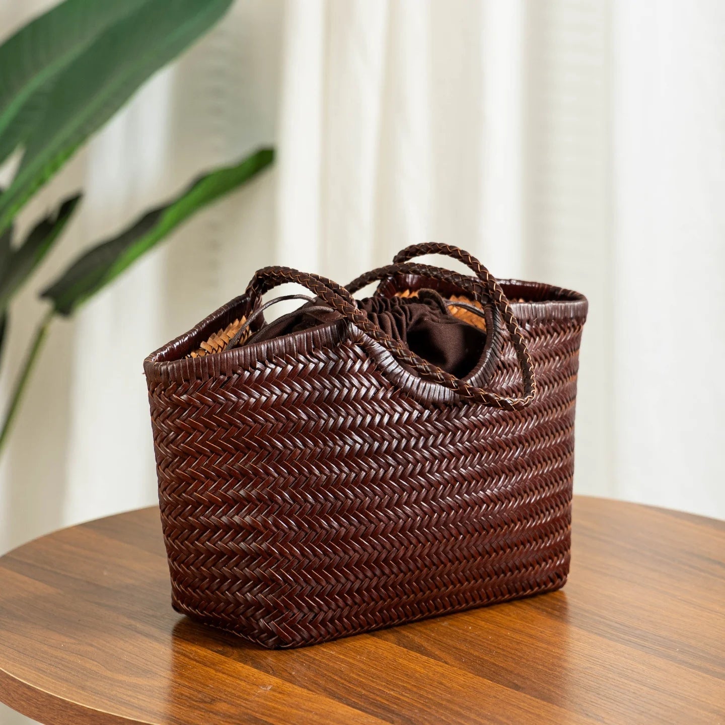 SOERA Bianca Handwoven Leather Tote Bag - Handbags -  Coffee Large