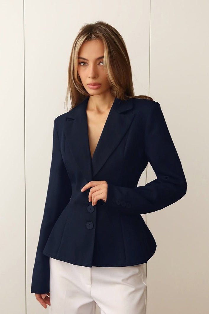 SOERA Vivienne Fitted V - Neck Padded Shoulder Blazer - Jacket -  Navy S