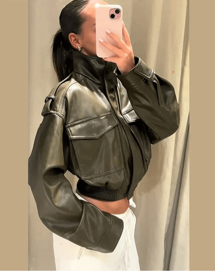 SOERA Brianna Faux Leather Bomber Jacket - Jackets - Gc1762772375816388495 Green M