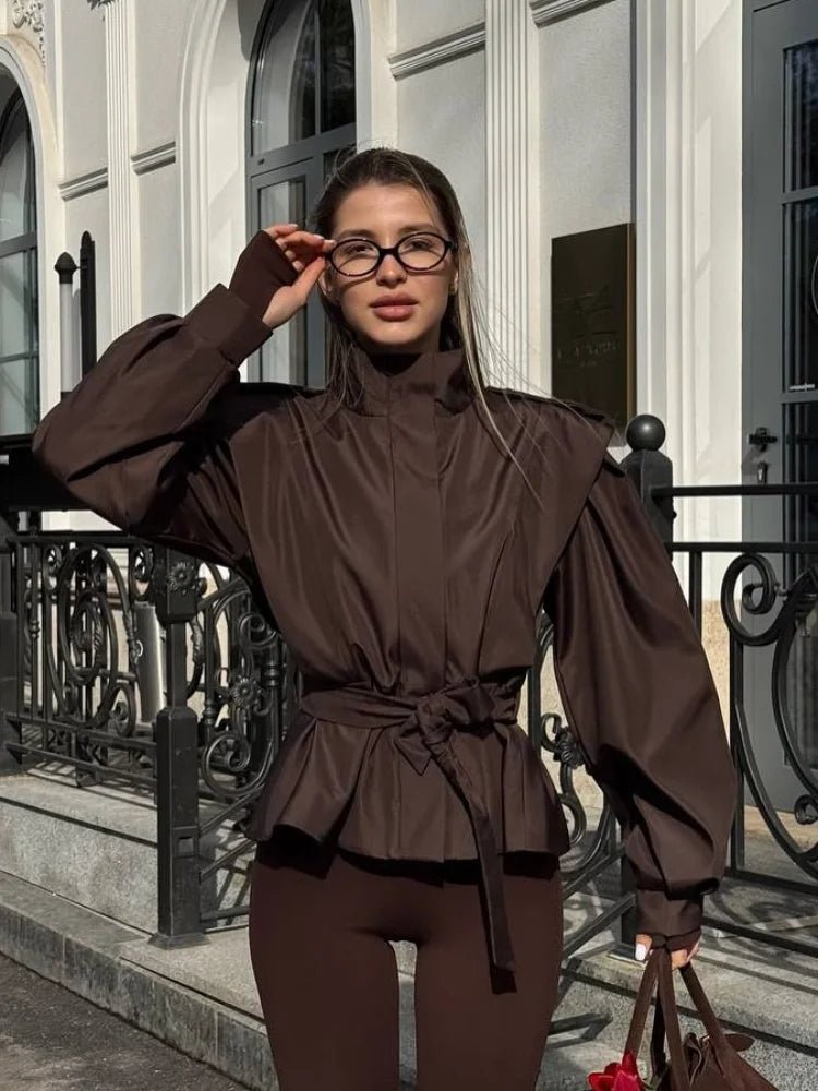 SOERA Leizel Lace Up Stand Collar Jacket - Jackets - iC1774532669740645644 Brown L