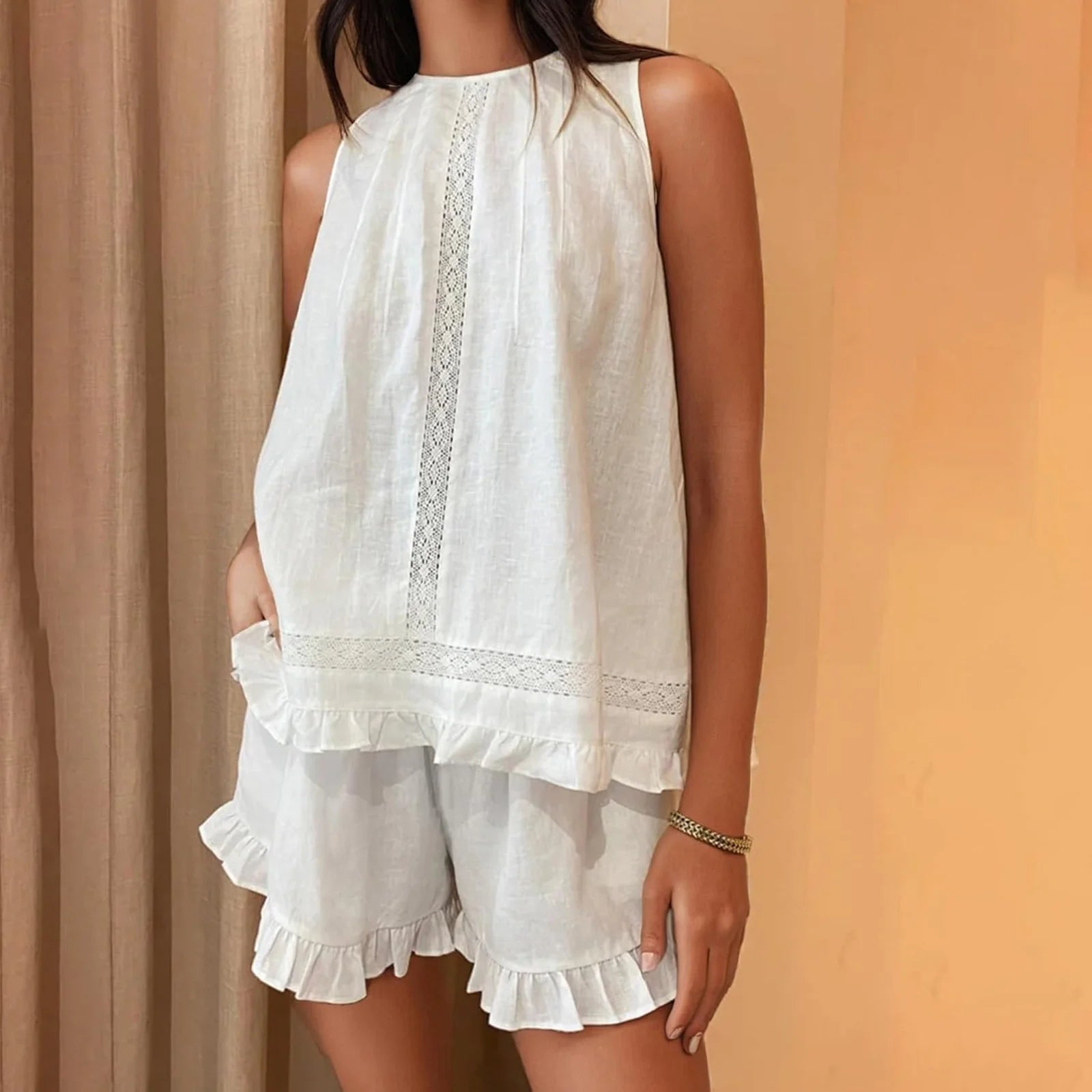 SOERA Dahlia Ruffled Trim Sleeveless Shorts Set - Matching Sets - 1005009740700644-;Sm1775118771886817989 White S