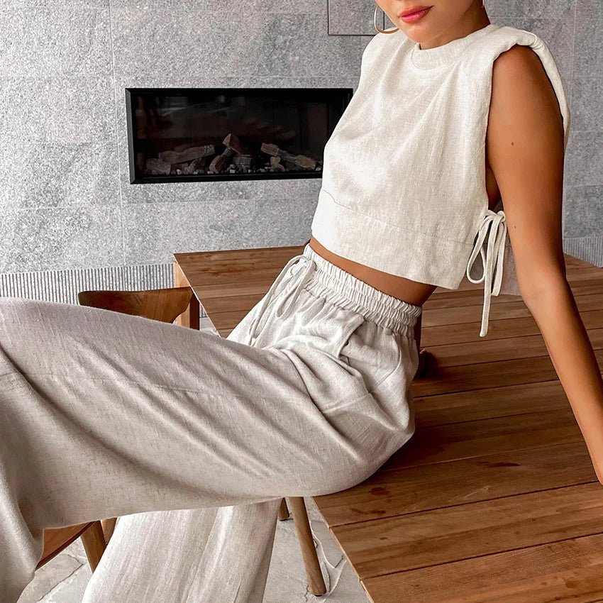 SOERA Delfina Linen Crop Top Two Piece Set - Matching Sets -  Beige L