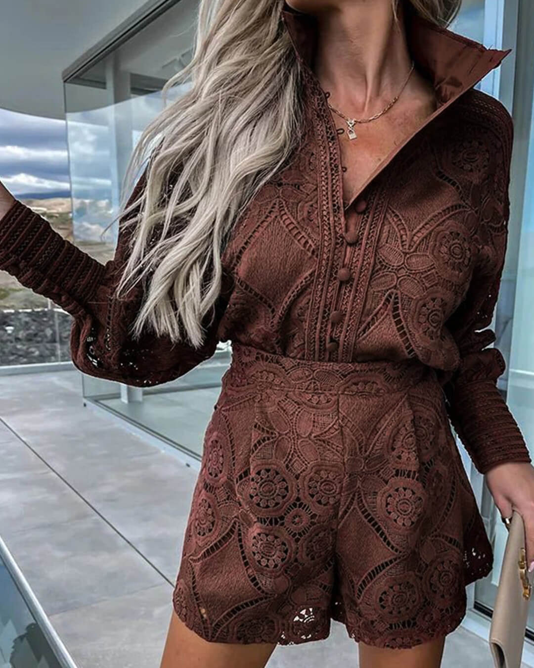 SOERA Natalie Lace Embroidered Co-Ord Set - Matching Sets - 1005002791435593-;Zr1776125342246936486 Coffee M