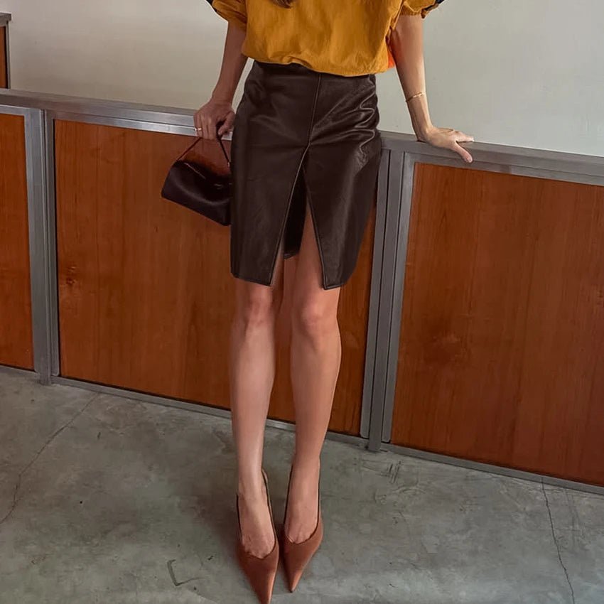 SOERA Ava Split Knee Vegan Leather Skirt - Skirt - SOERA-258947-BRO-M-15299 Brown M