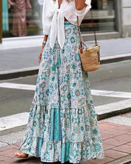 Celeste Flowy Boho Print Nederdel med Flæsekant