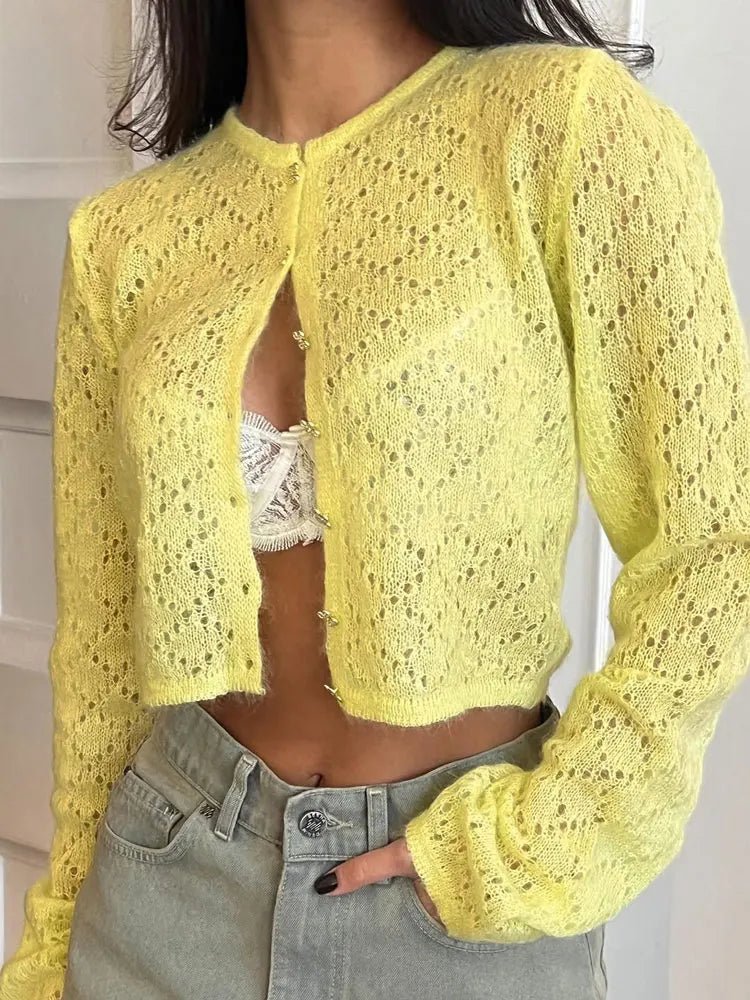 SOERA Jennifer Hollow Cropped Cardigan - Sweaters & Cardigans - Zj1774532669741550601 Yellow M