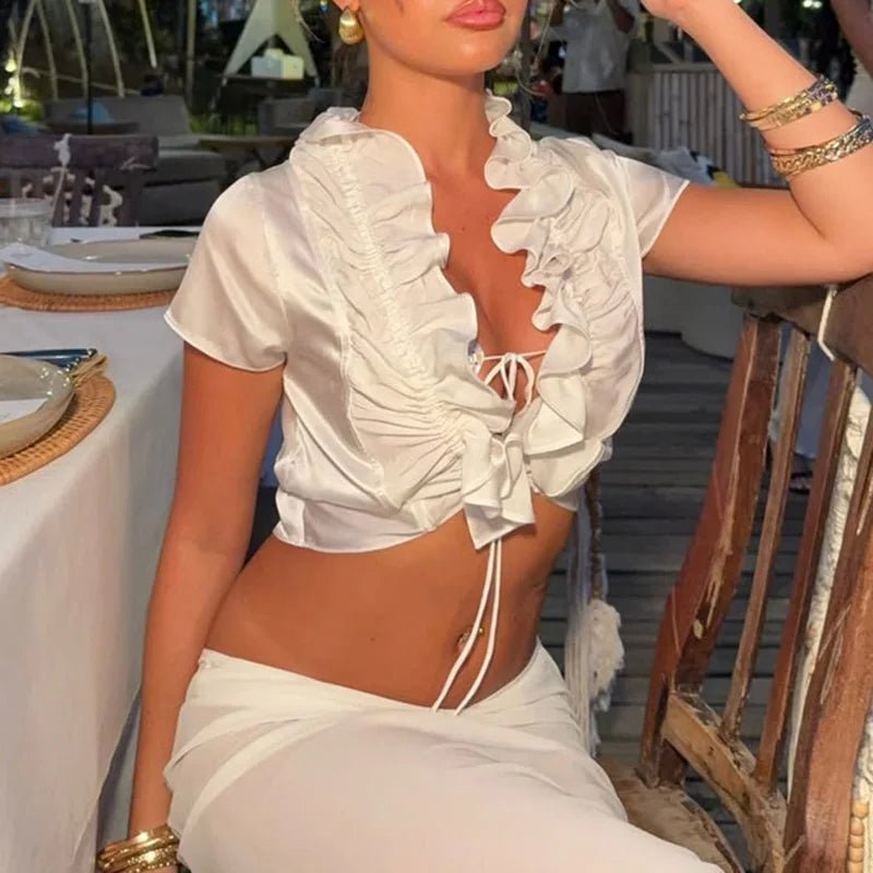 SOERA Bianca Ruffled Lace - Up Cropped Tank - Top -  White S