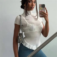 Celeste ribstrikket rullekrave T-shirt