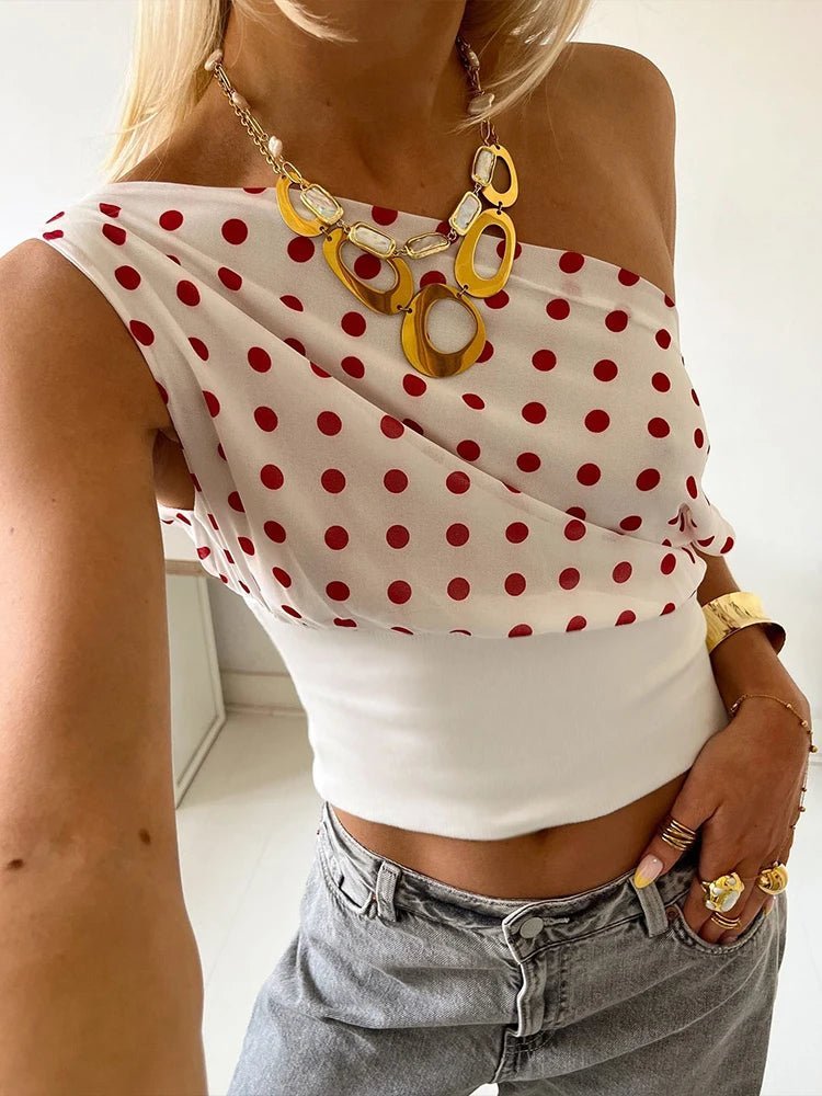 SOERA Dianne Skew Collar Polka Dot Top - Tops - BO1774532669751455635 White S