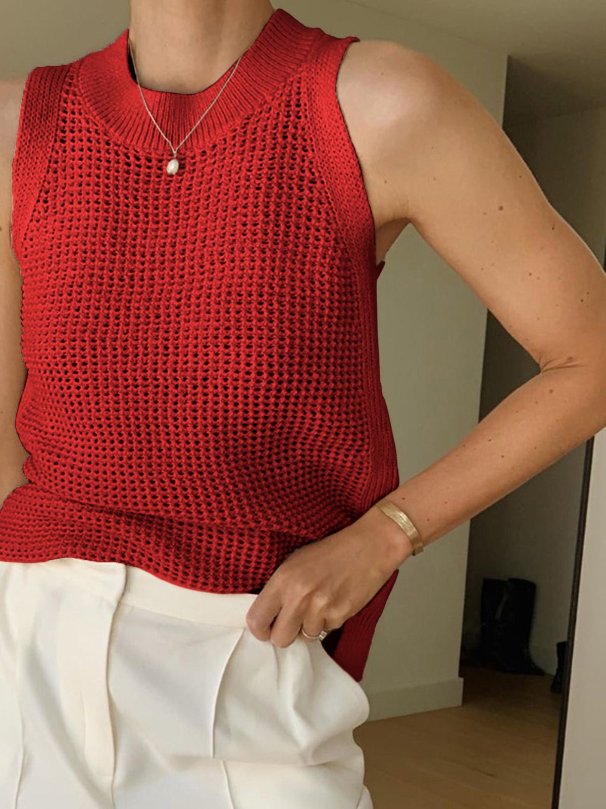 SOERA Jamilla Hollow Knit Tank Top - Tops -  Red XS